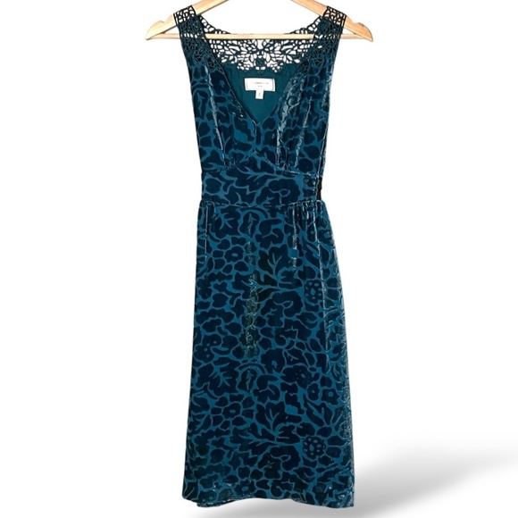 ANTHROPOLOGIE MOULINETTE SOEURS Matilija Teal Silk & Velvet Burnout Dress Sz 2 - Picture 3 of 11